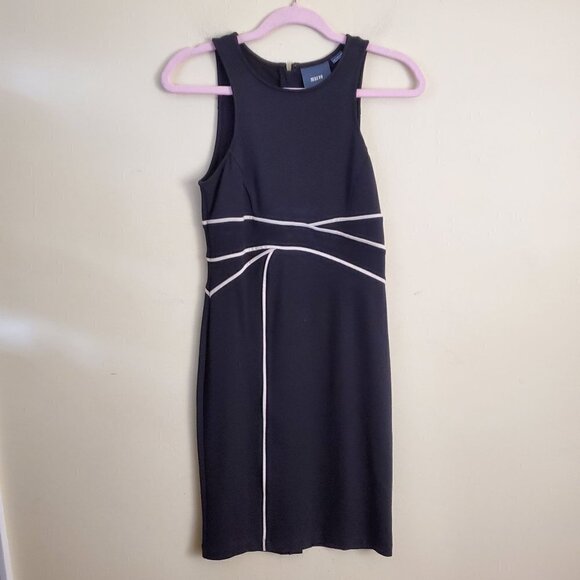 Anthropologie Maeve Black Cream Piping Bodycon Midi Dress Size 4P - Picture 2 of 6